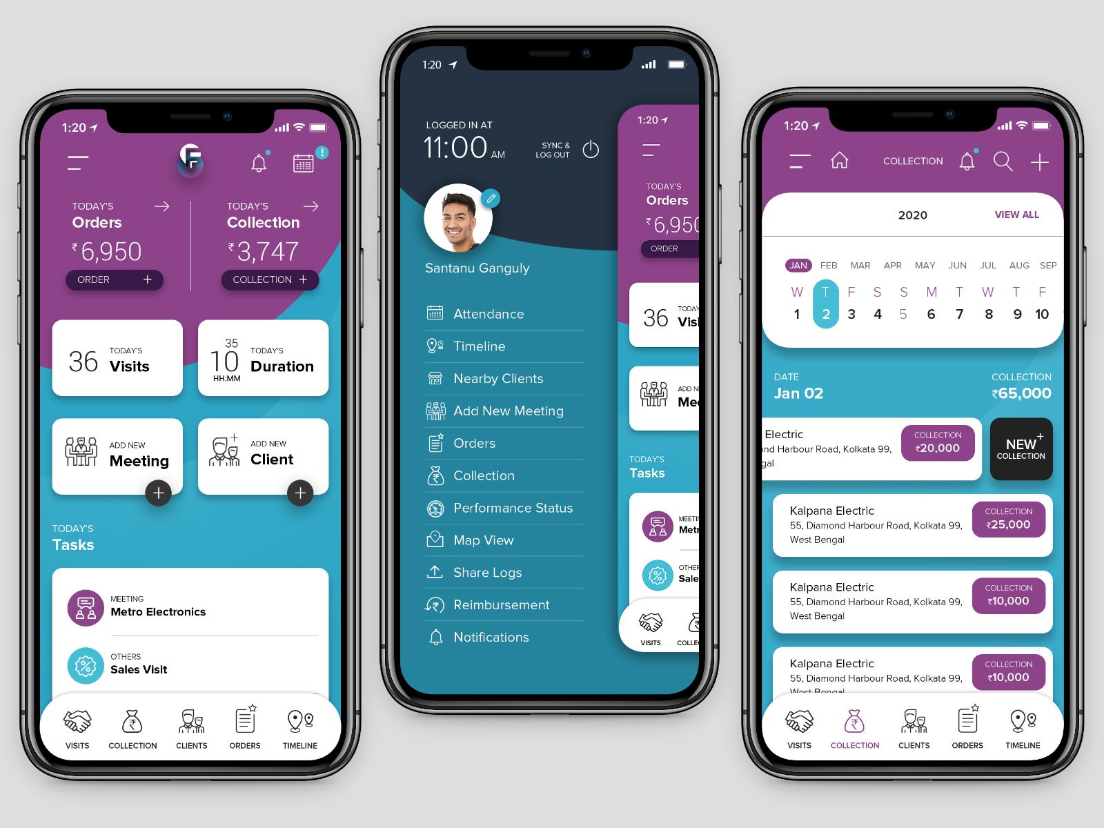 Mobile ERP application dashboards displayed across three smartphones